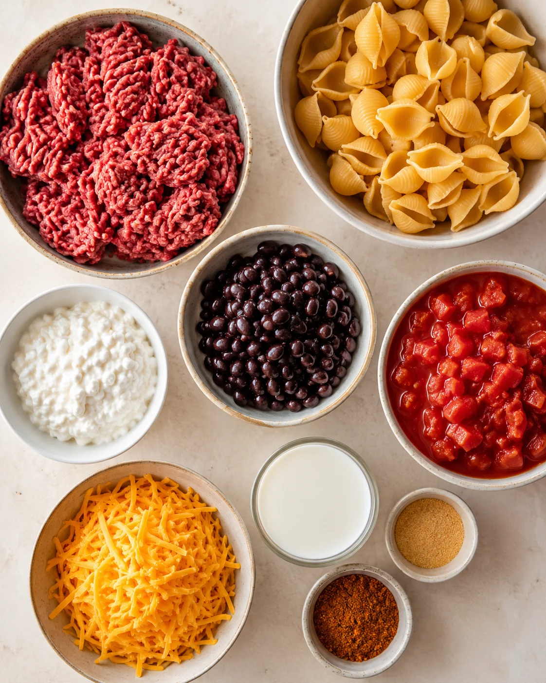 Top-down view of ingredients for Healthy Taco Pasta: ground beef, chickpea pasta, black beans, fire-roasted tomatoes, cottage cheese, shredded cheddar, milk and