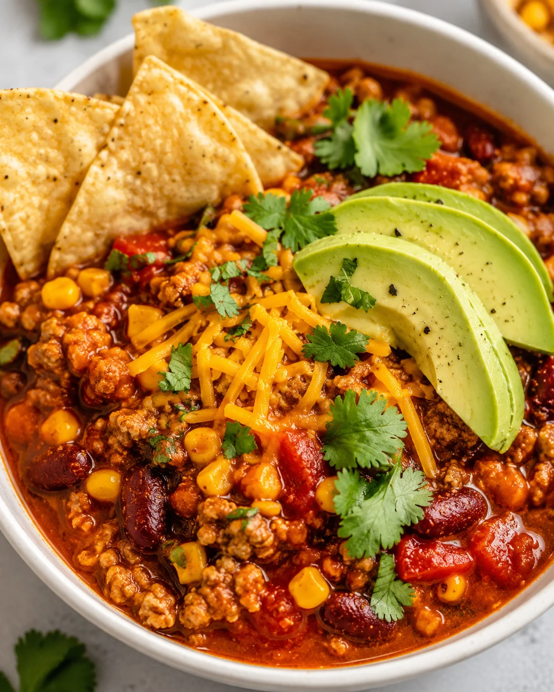 Bowl of healthy turkey chili topped with avocado, shredded cheddar, cilantro and tortilla chips