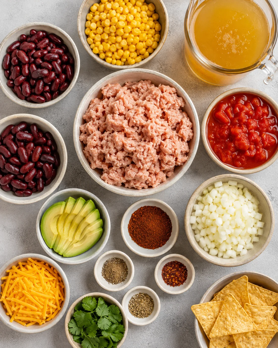 Top-down spread of ingredients for healthy turkey chili including ground turkey, beans, corn, diced tomatoes, onion, spices and broth