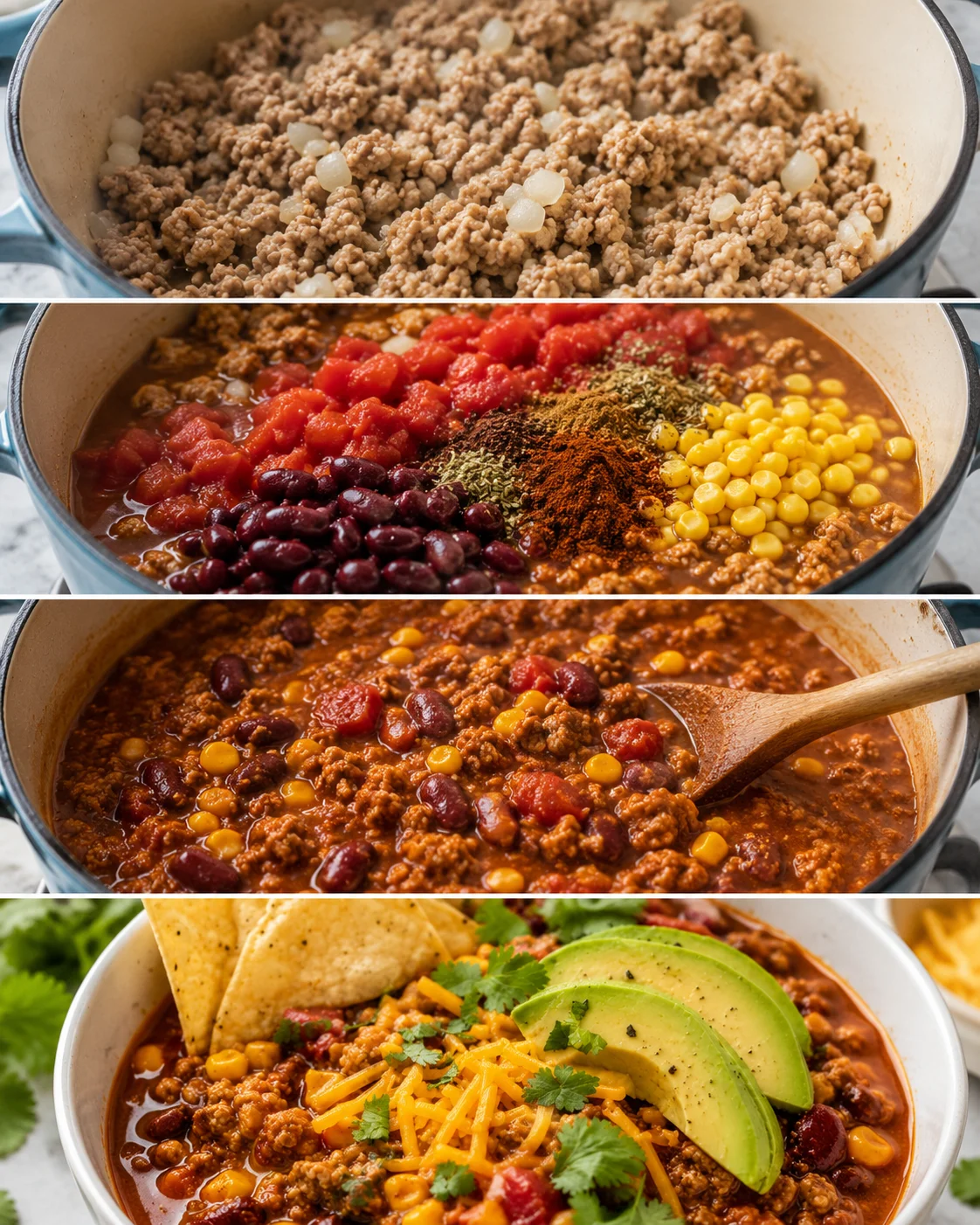 Four-panel composite showing browning turkey, added tomatoes and spices, simmering chili, and finished bowl with toppings