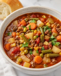 Hearty vegetable soup served in a ceramic bowl with potatoes, carrots, green beans and ground beef