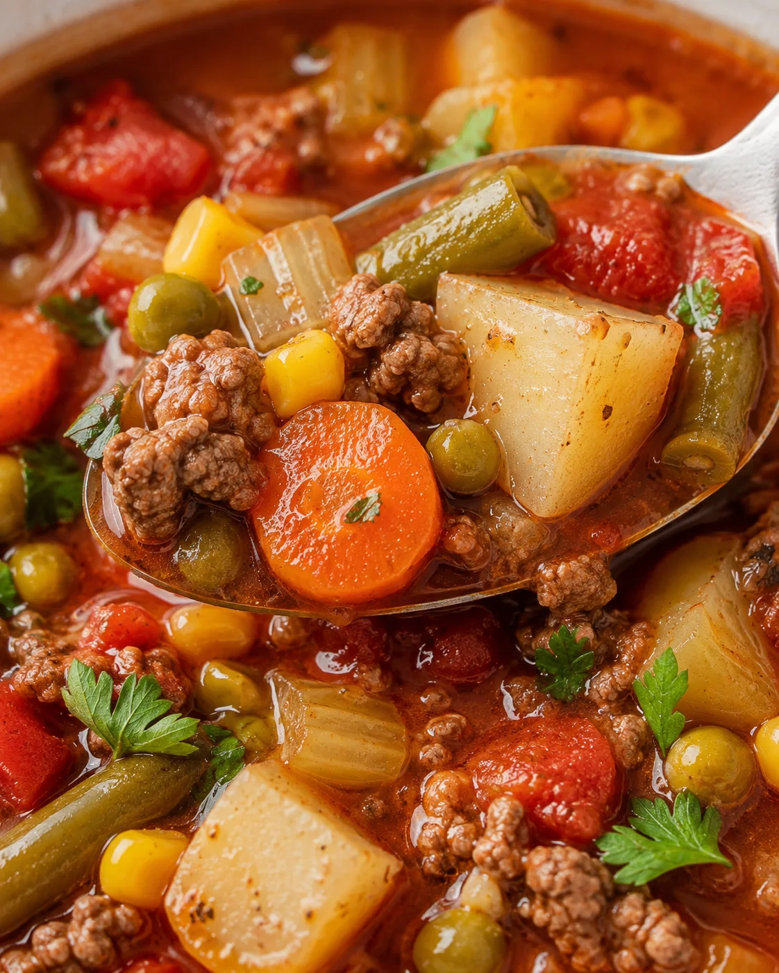 Close-up detail of potato, carrot, green beans and ground beef in hearty vegetable soup
