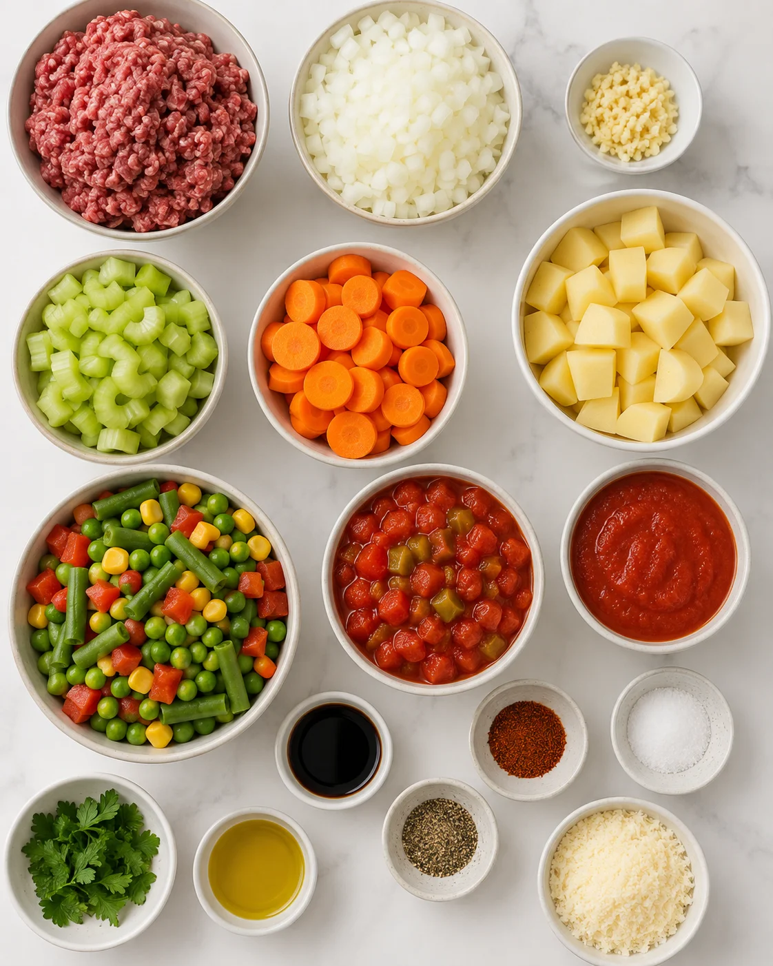 Top-down arrangement of chopped onions, garlic, potatoes, carrots, celery, ground beef, mixed vegetables and tomato products