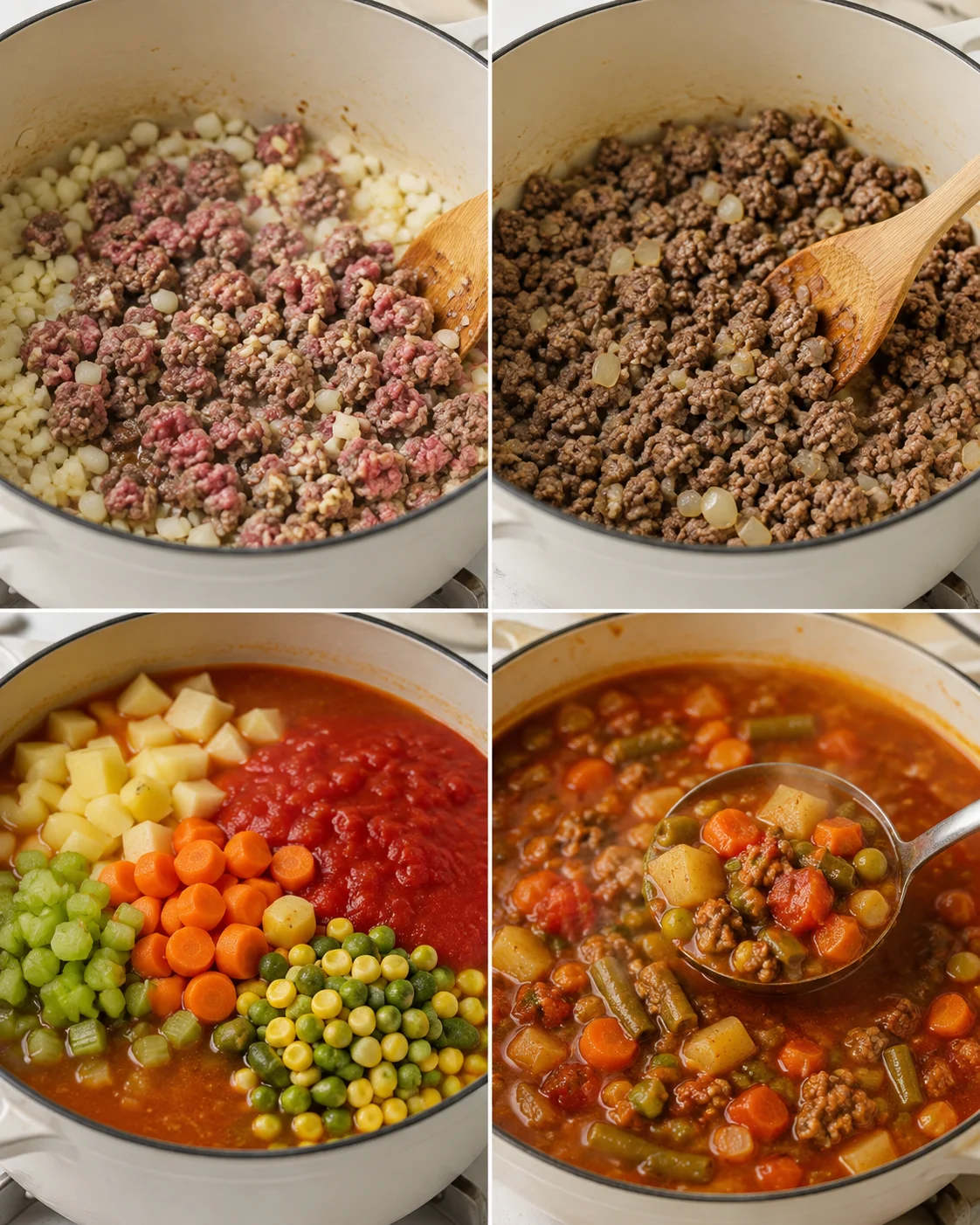 Four-panel collage of browning beef and onions, adding vegetables and the finished simmered soup
