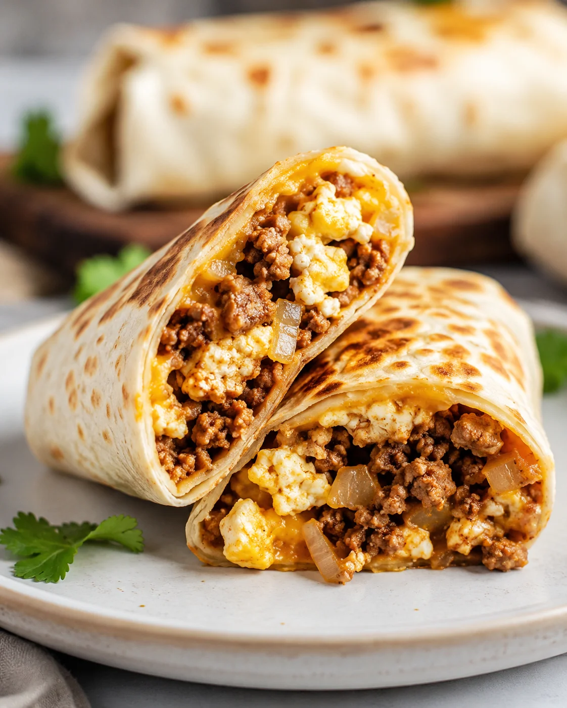 Two halved high protein breakfast burritos on a plate showing beef chorizo, scrambled eggs, onions, and melted cheese