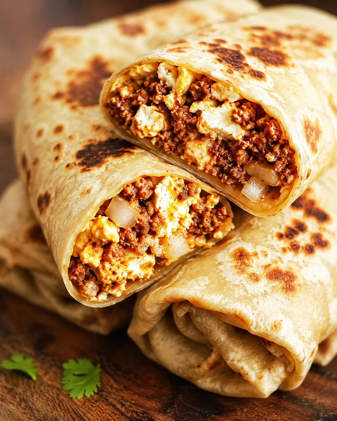 Stacked high protein breakfast burritos halved to show chorizo, scrambled egg, and onion filling
