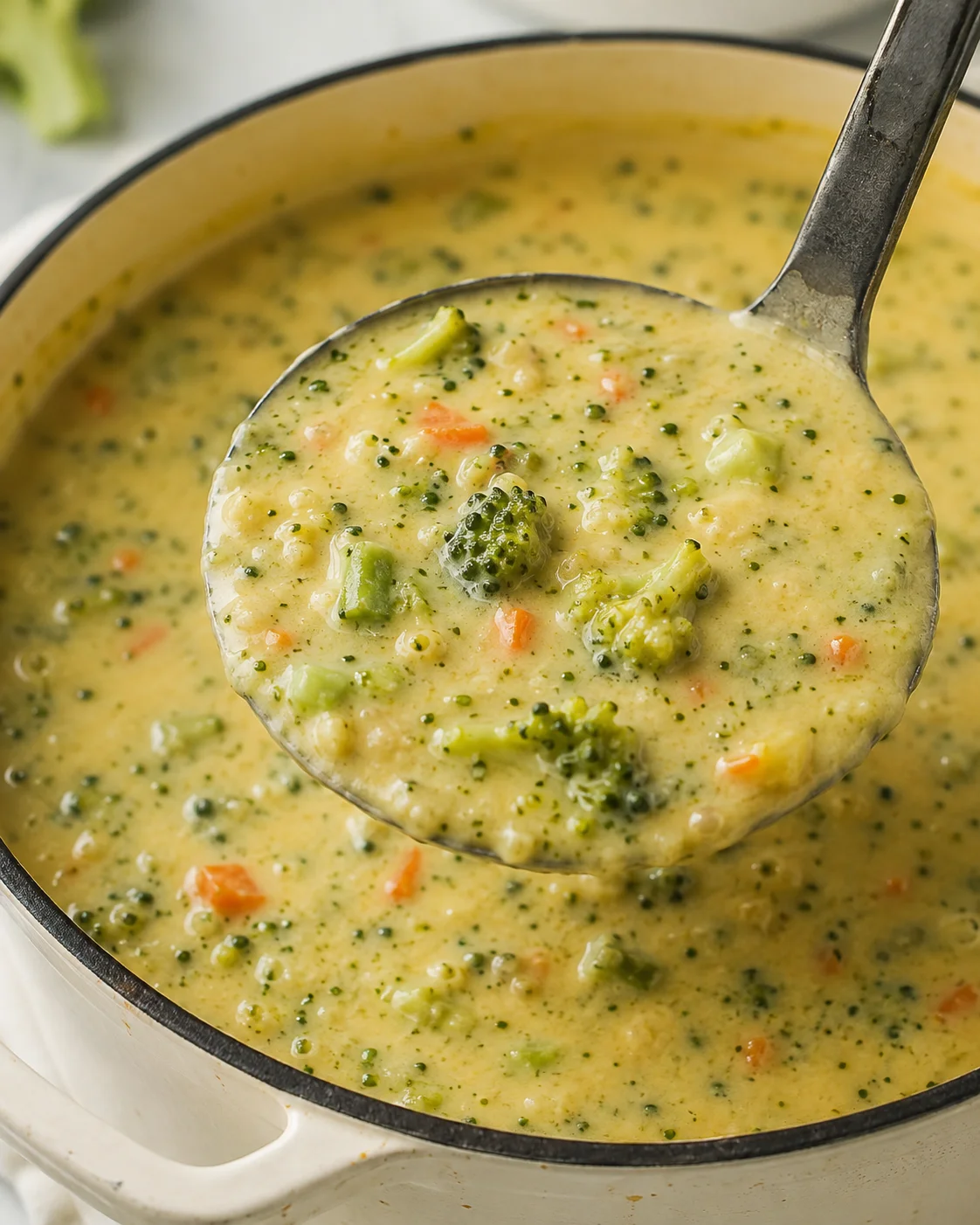 Close-up ladleful of high protein broccoli cheddar soup with broccoli florets and creamy base