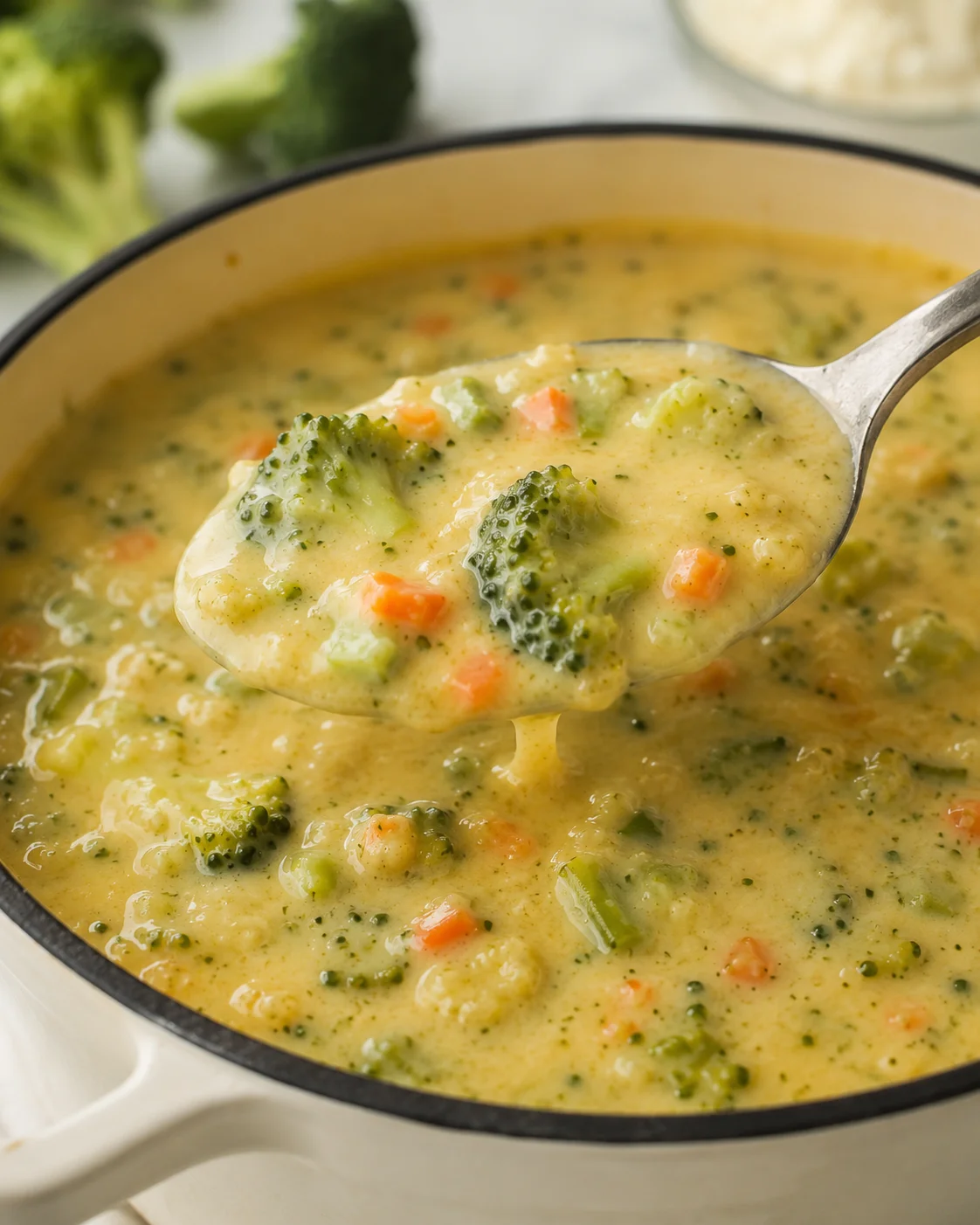 Spoonful of high protein broccoli cheddar soup lifted from a pot showing broccoli and carrots