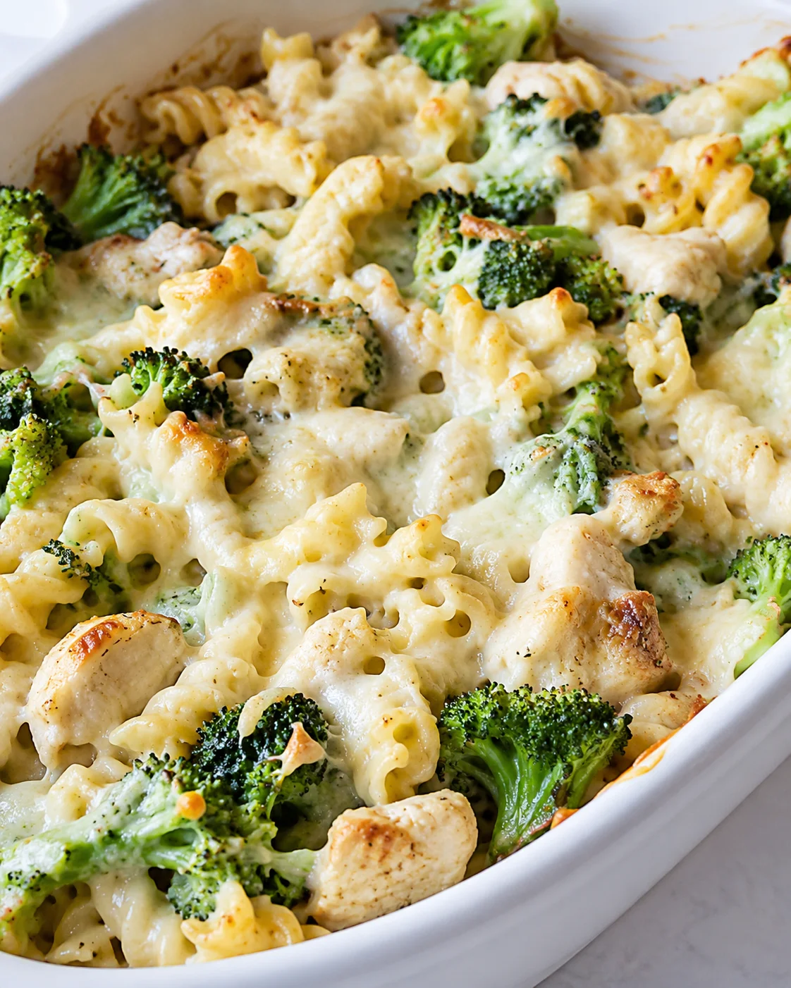 High protein chicken alfredo bake in a white casserole dish with melted cheese, broccoli, and chicken
