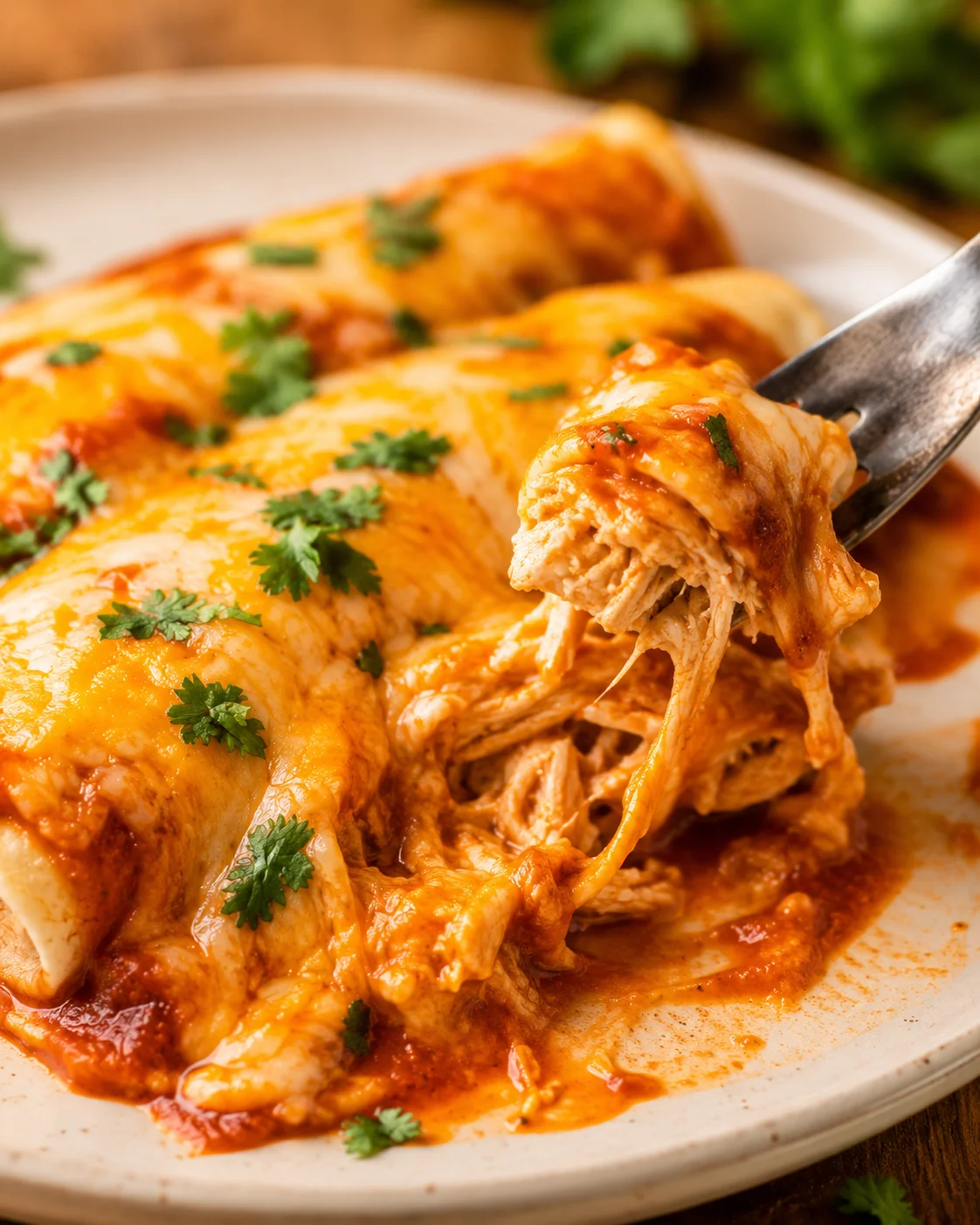 Plated high protein chicken enchiladas with a fork pulling a cheesy bite