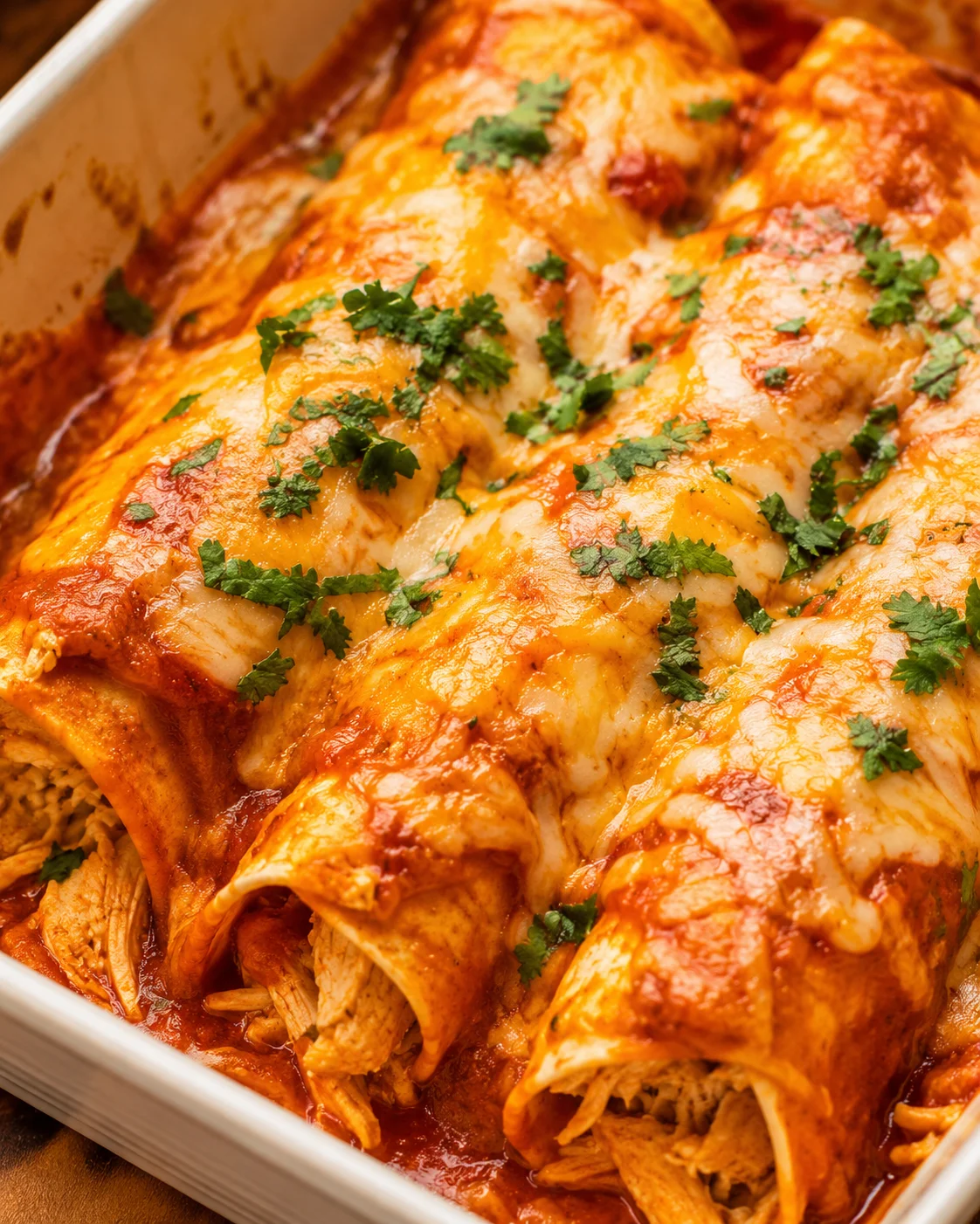 Baked high protein chicken enchiladas in a casserole dish with melted cheese and cilantro