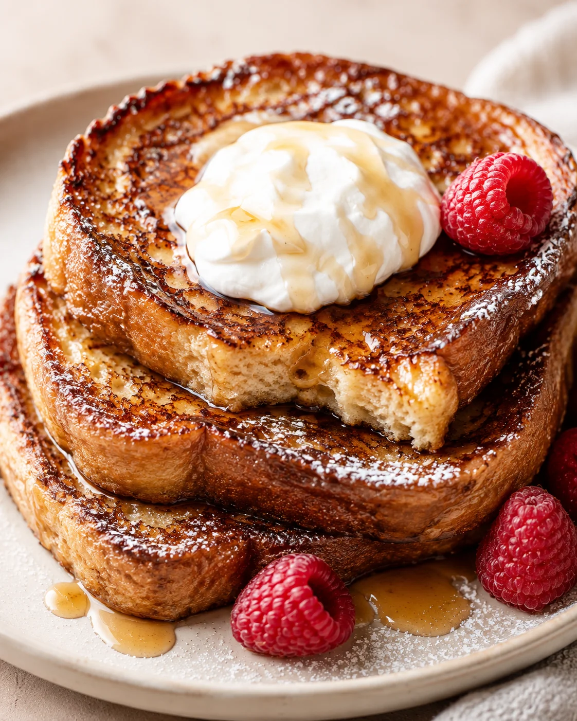 High protein French toast stack with a bite taken from the top slice, whipped cream and raspberries