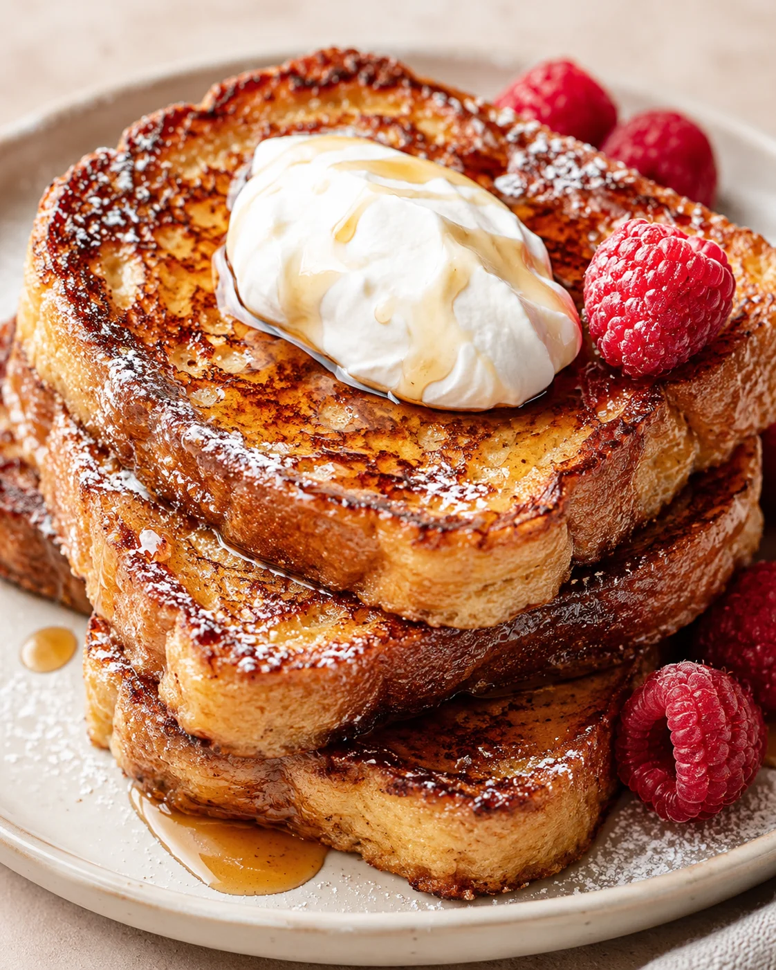 Stack of high protein French toast topped with whipped cream, syrup and raspberries
