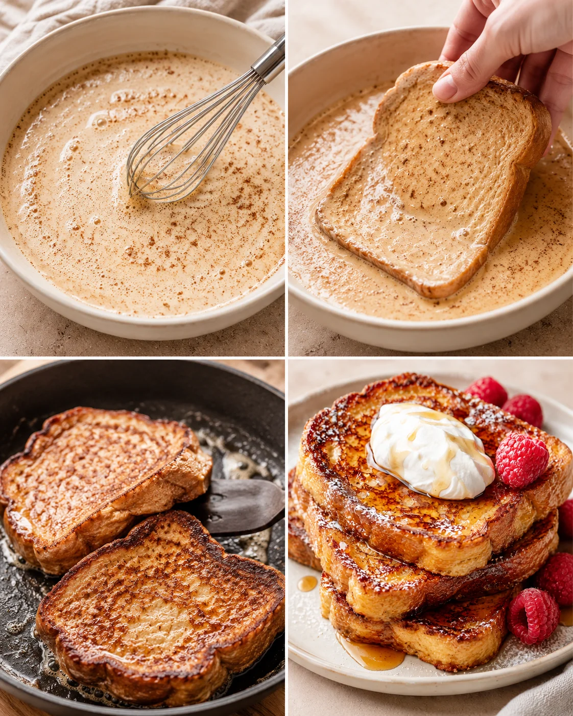Four-panel process collage showing batter whisking, bread dipped, slices cooking in a skillet and plated French toast