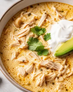 Macro detail of keto white chicken chili showing shredded chicken, creamy broth, cilantro, sour cream and an avocado wedge
