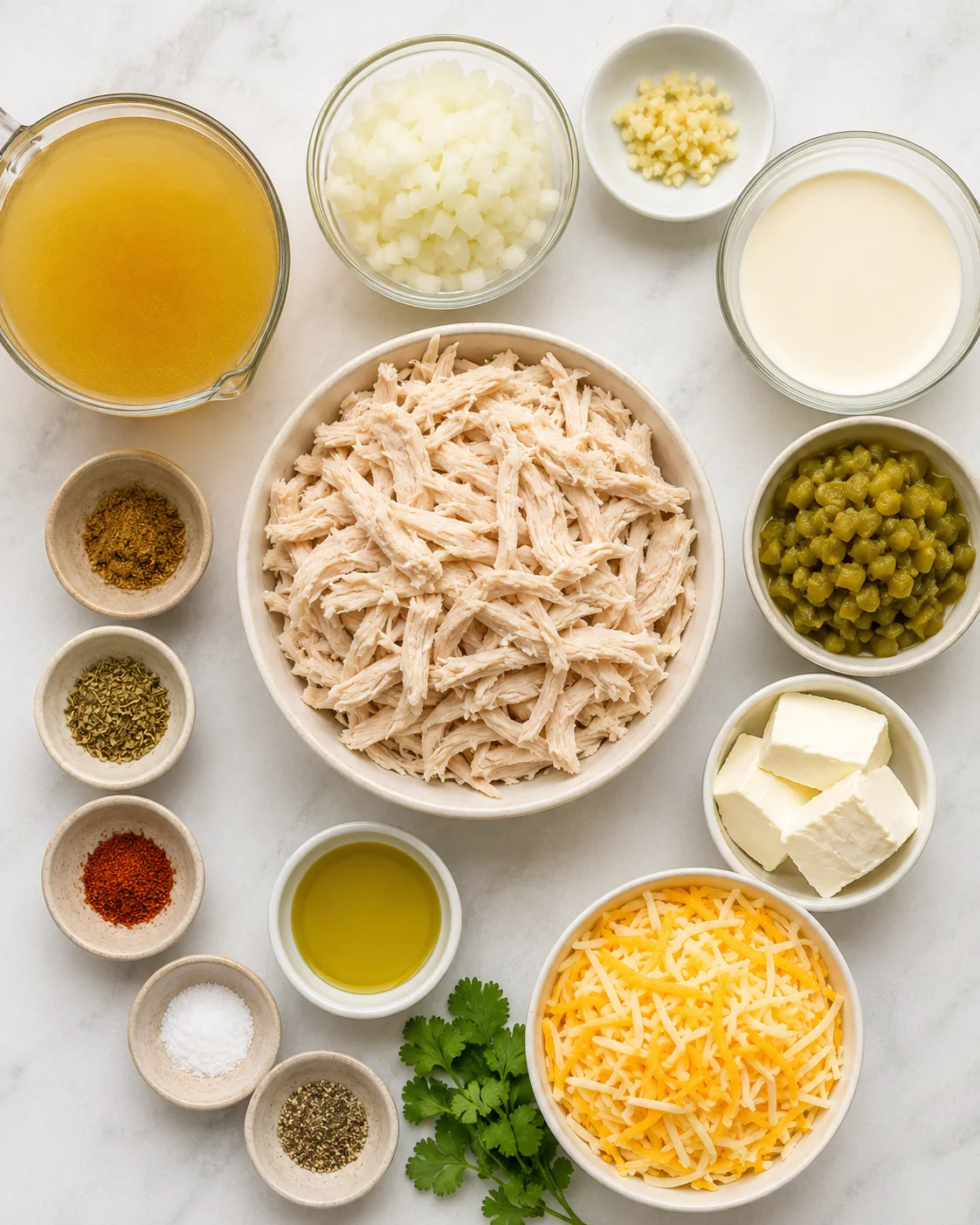 Top-down layout of ingredients for keto white chicken chili including shredded chicken, cream cheese, shredded cheese, green chiles, onions, garlic and spices