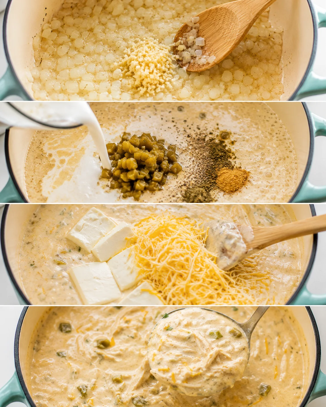Four-panel sequence showing sautéed onions and garlic, adding cream and chiles, stirring in cream cheese and shredded cheese, and final ladle of chili