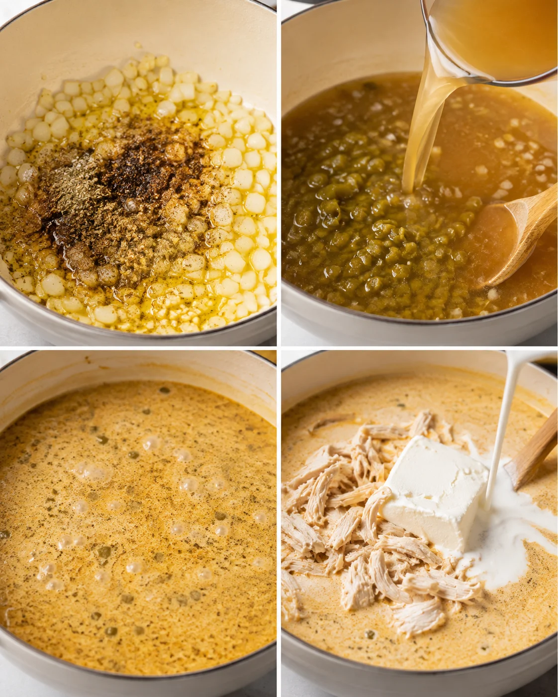 Four-panel sequence showing sautéed onions with spices, stock poured into chiles, simmering broth, and cream cheese and chicken added to the pot