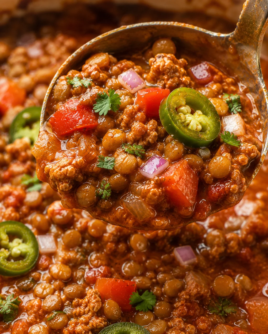 Close-up ladle showing the texture of turkey lentil chili with jalapeño and diced vegetables
