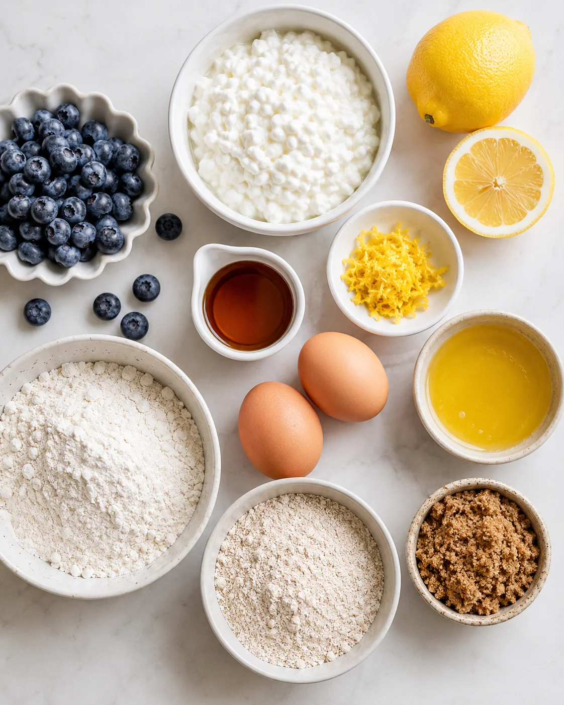 Top-down layout of ingredients for lemon blueberry muffins including cottage cheese, flour, eggs, blueberries, lemon and brown sugar
