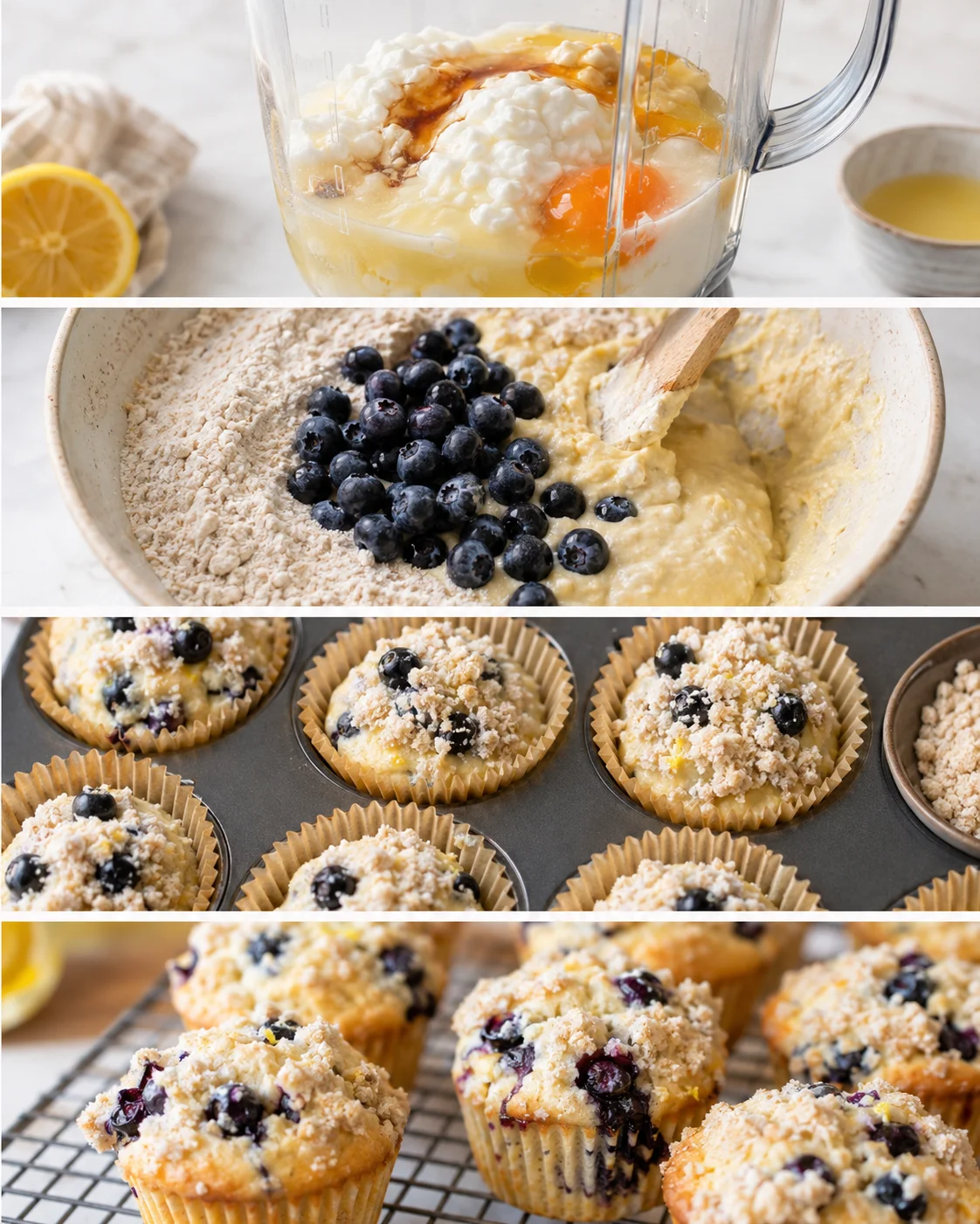 Collage of steps showing blending wet ingredients, folding blueberries into batter, filling muffin cups with streusel, and baked muffins cooling