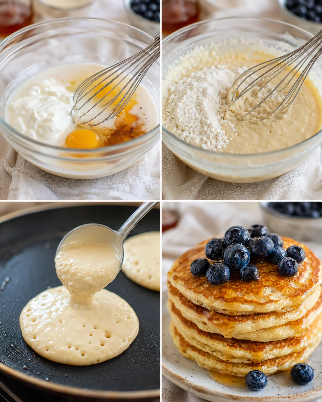 Collage showing mixing, batter, pouring onto a pan, and a finished stack of Greek yogurt pancakes