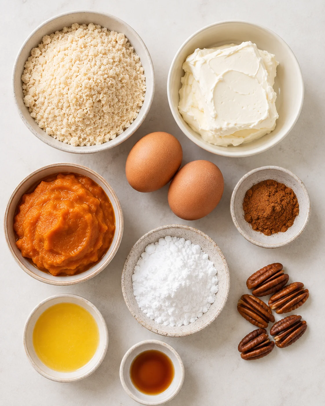 Top-down view of ingredients for mini keto pumpkin cheesecakes including almond flour, cream cheese, eggs, pumpkin puree and spices