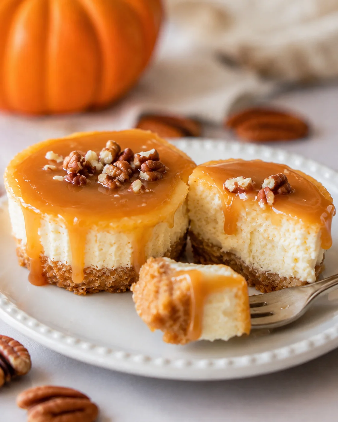 Two mini keto pumpkin cheesecakes on a plate, one partially cut with a fork and caramel topping