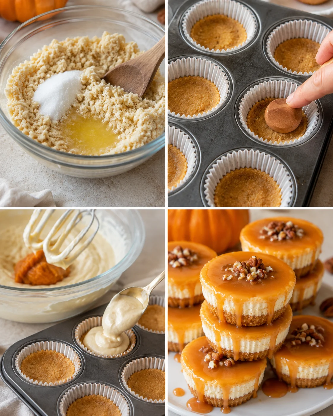 Four-panel collage showing mixing crust, pressing crust into liners, spooning filling into cups, and finished mini cheesecakes