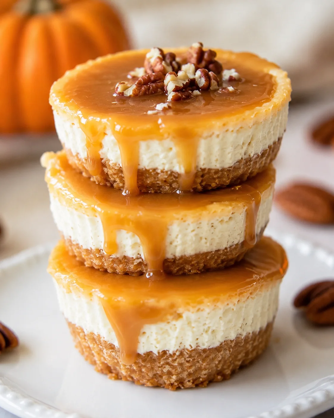 Mini keto pumpkin cheesecakes stacked with caramel drizzle and chopped pecans