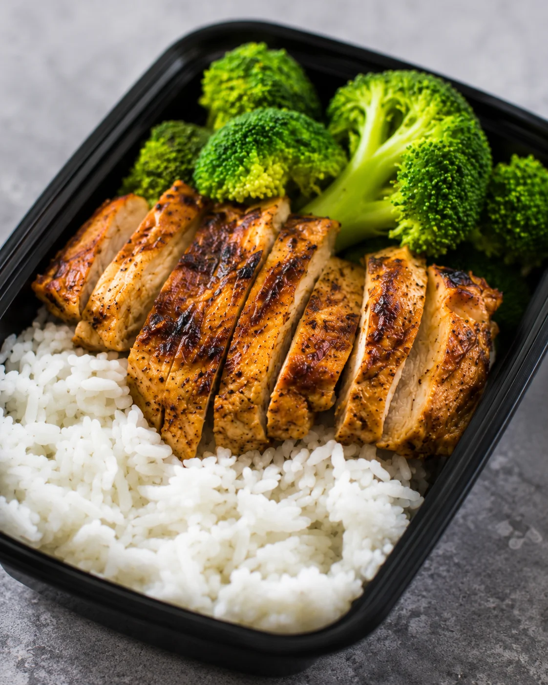 Prepared chicken, rice, and broccoli in a meal prep container.