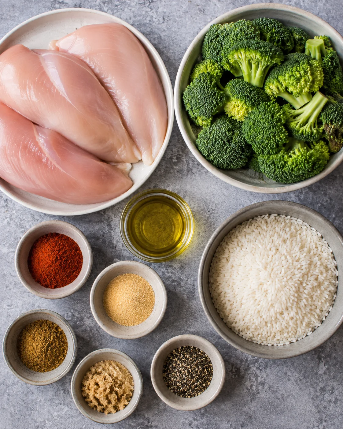 Ingredients for a chicken, rice, and broccoli meal prep on a gray surface.