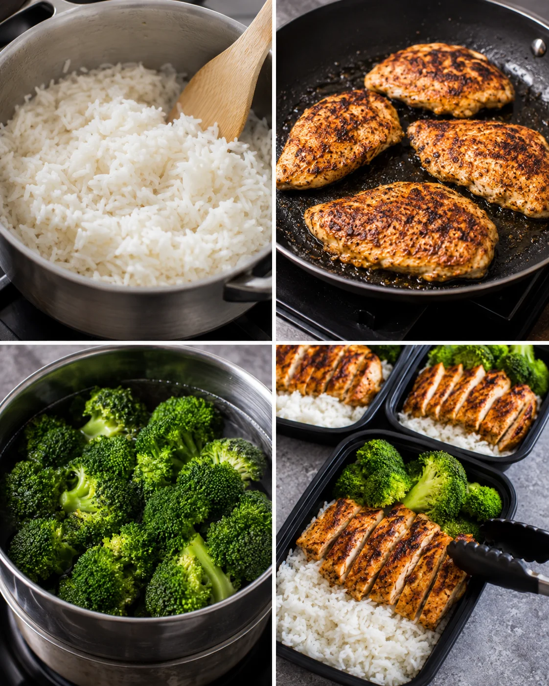 Images showing rice in a pot, seared chicken in a skillet, steamed broccoli, and assembled meal prep bowls.