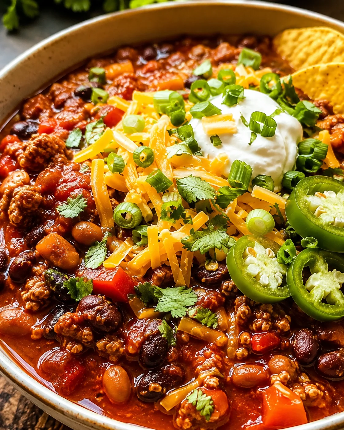 A hearty bowl of turkey chili topped with cheese, sour cream, and green onions.