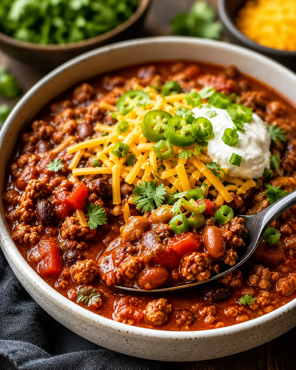 A bowl of hearty turkey chili topped with cheese, sour cream, and green onions.