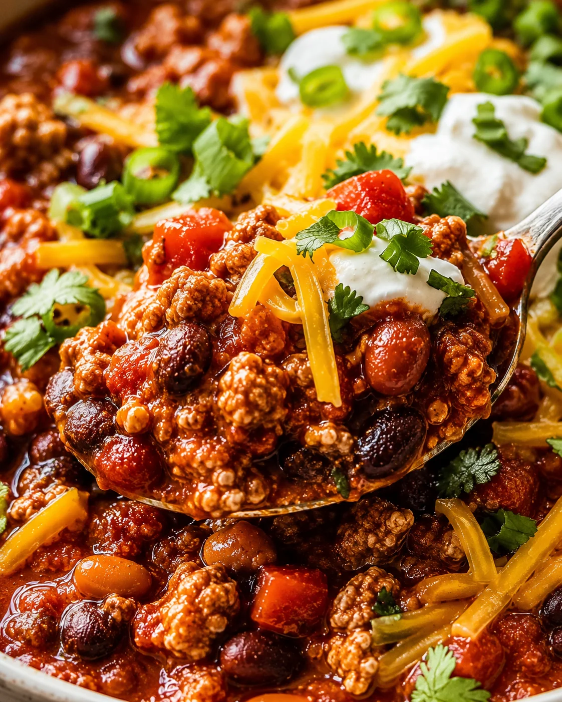 Delicious high-protein turkey chili topped with cheese, sour cream, and cilantro