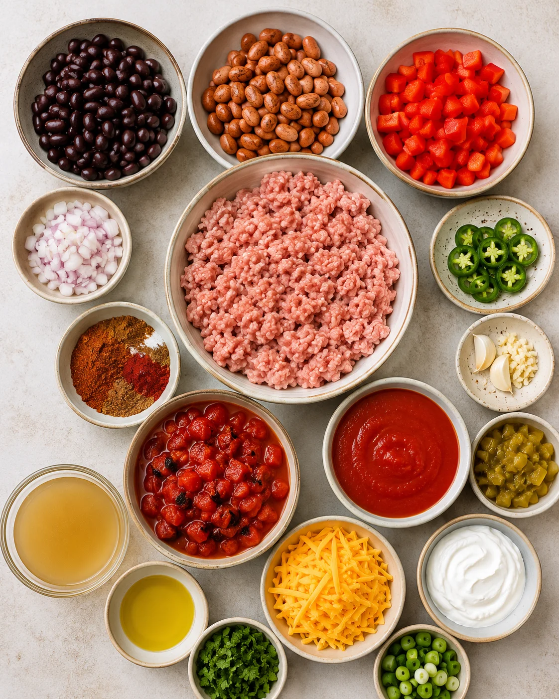 Assorted bowls of raw ingredients for turkey chili on a light surface