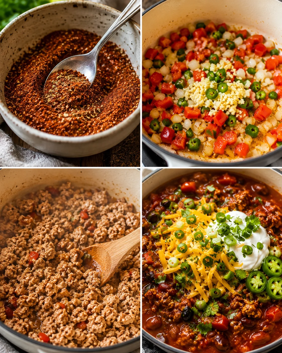 Hearty turkey chili with beans, vegetables, and fresh toppings in a pot