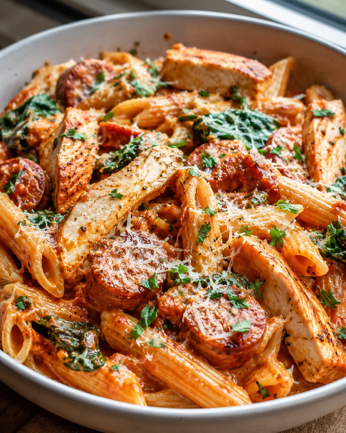 Delicious high protein pasta with chicken, sausage, and fresh herbs in a creamy sauce.