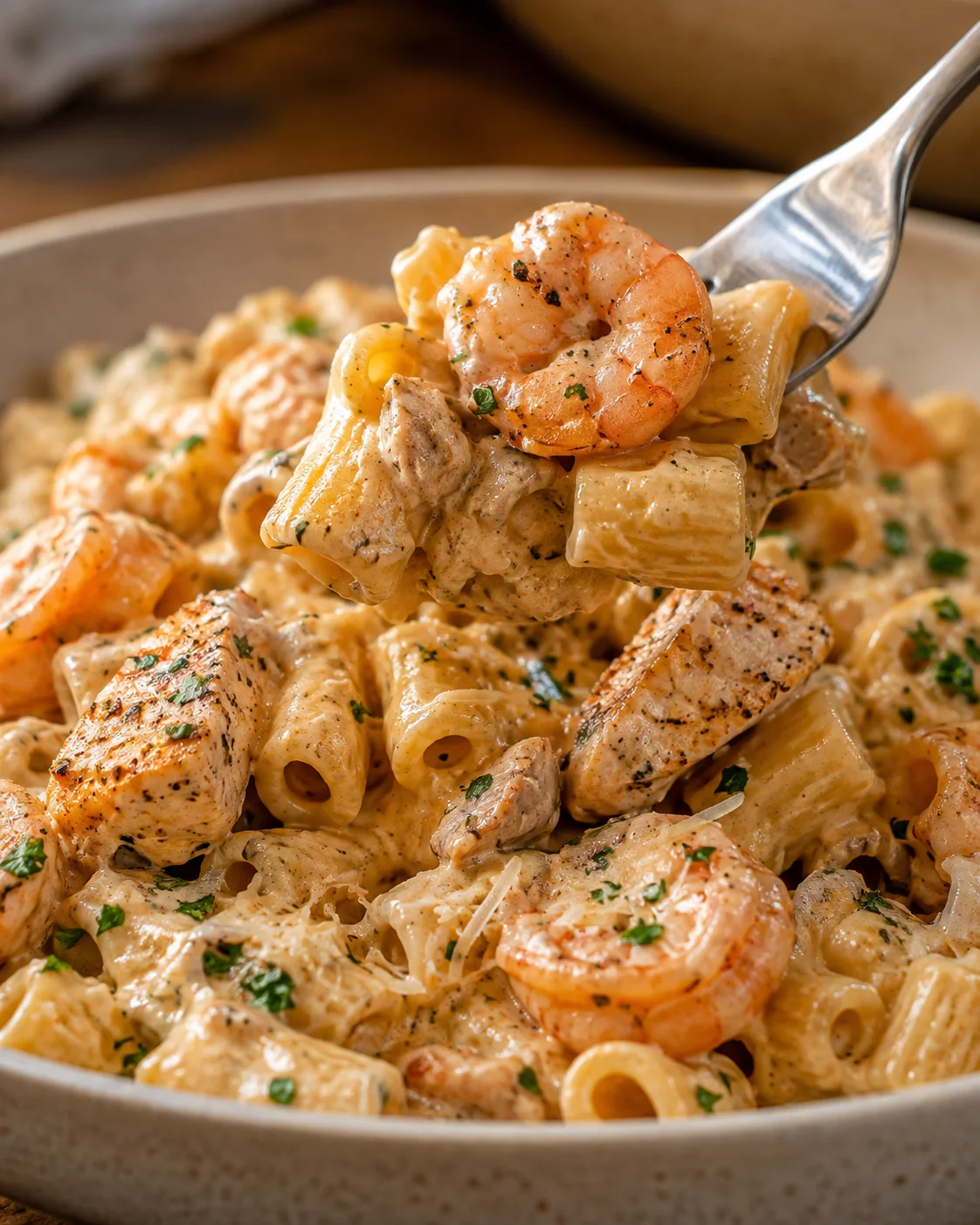 Delicious creamy pasta with shrimp and herbs in a bowl