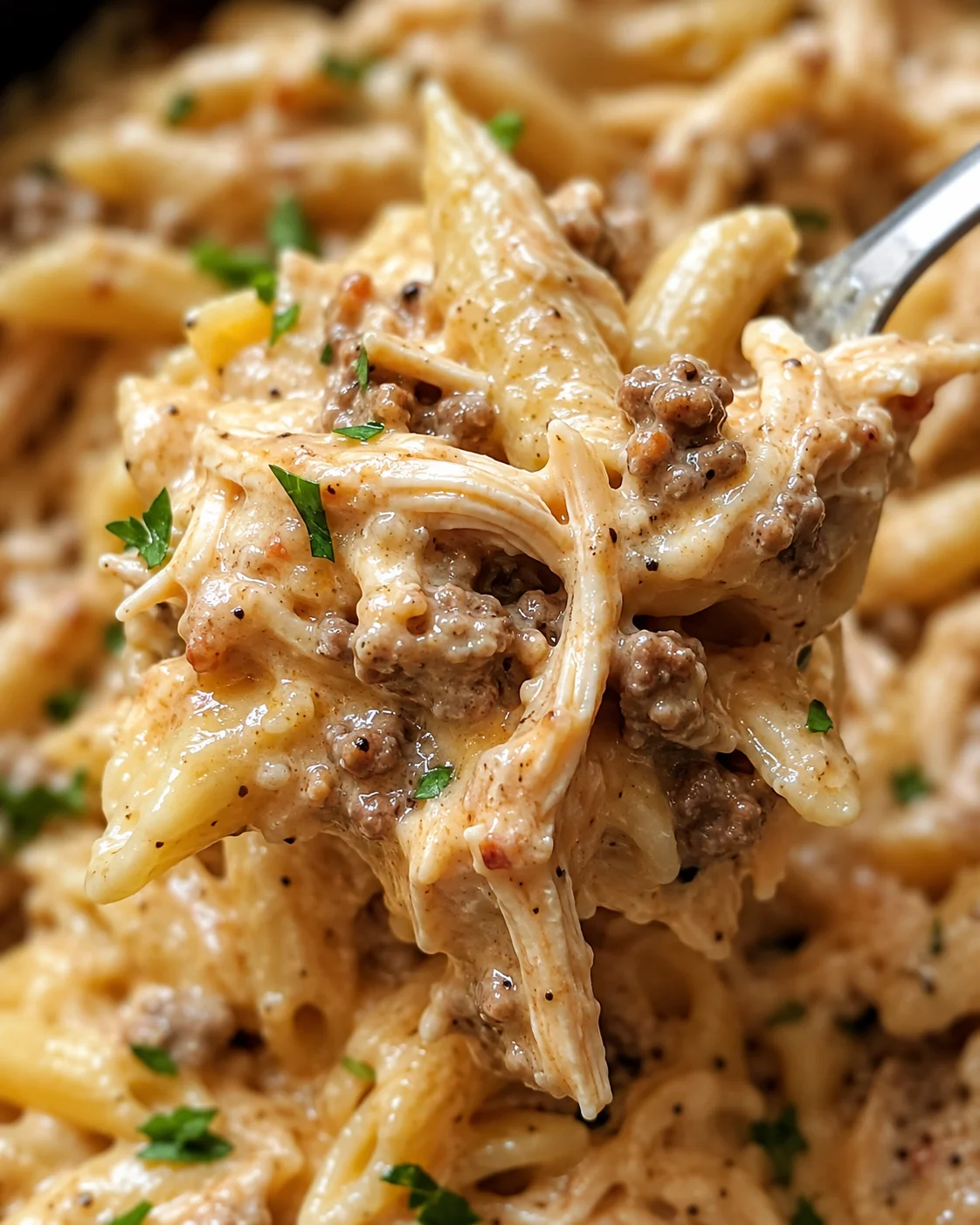 Close-up of creamy high-protein pasta with ground beef and herbs