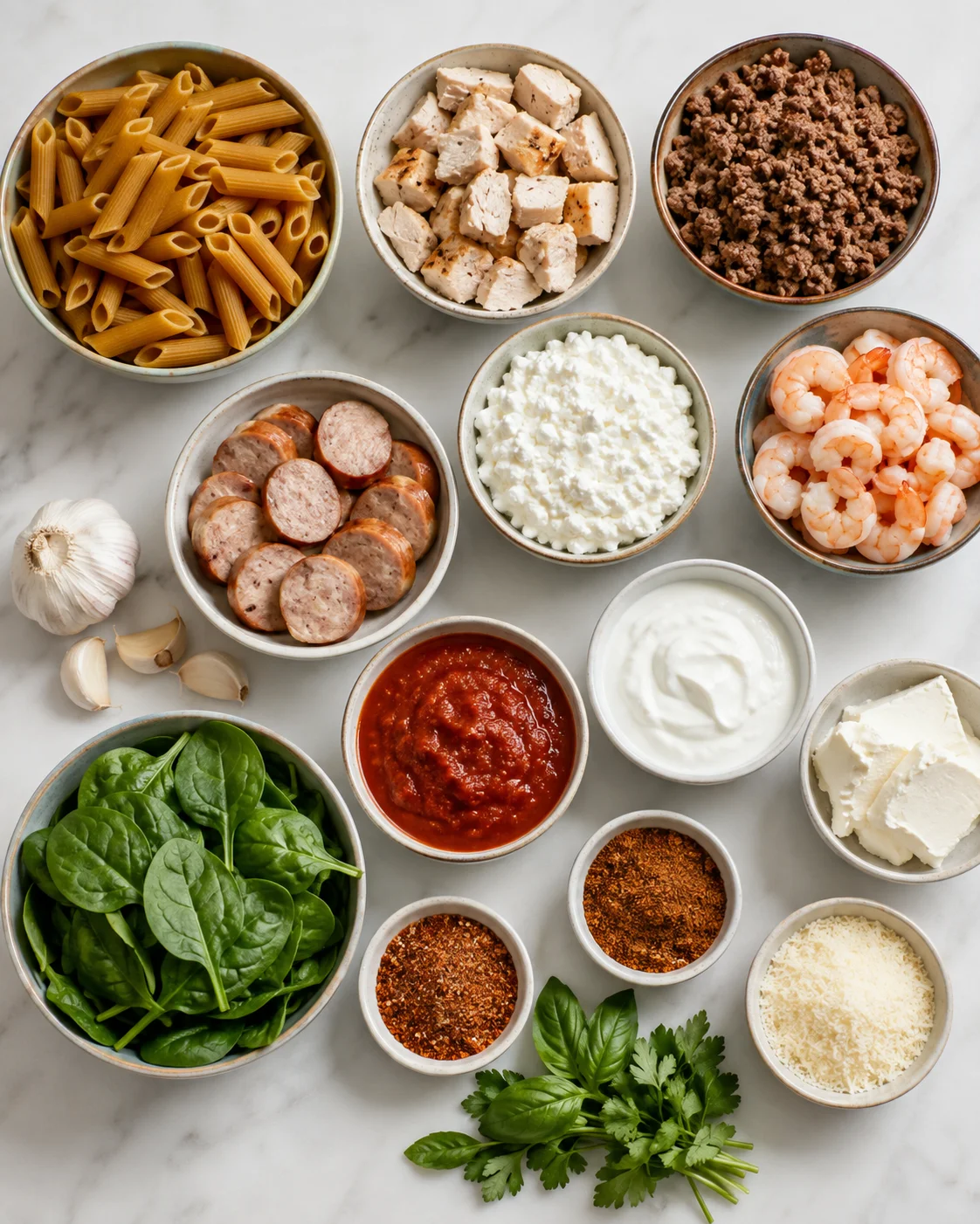 Assortment of pasta, meats, cheeses, and fresh herbs arranged on a marble surface
