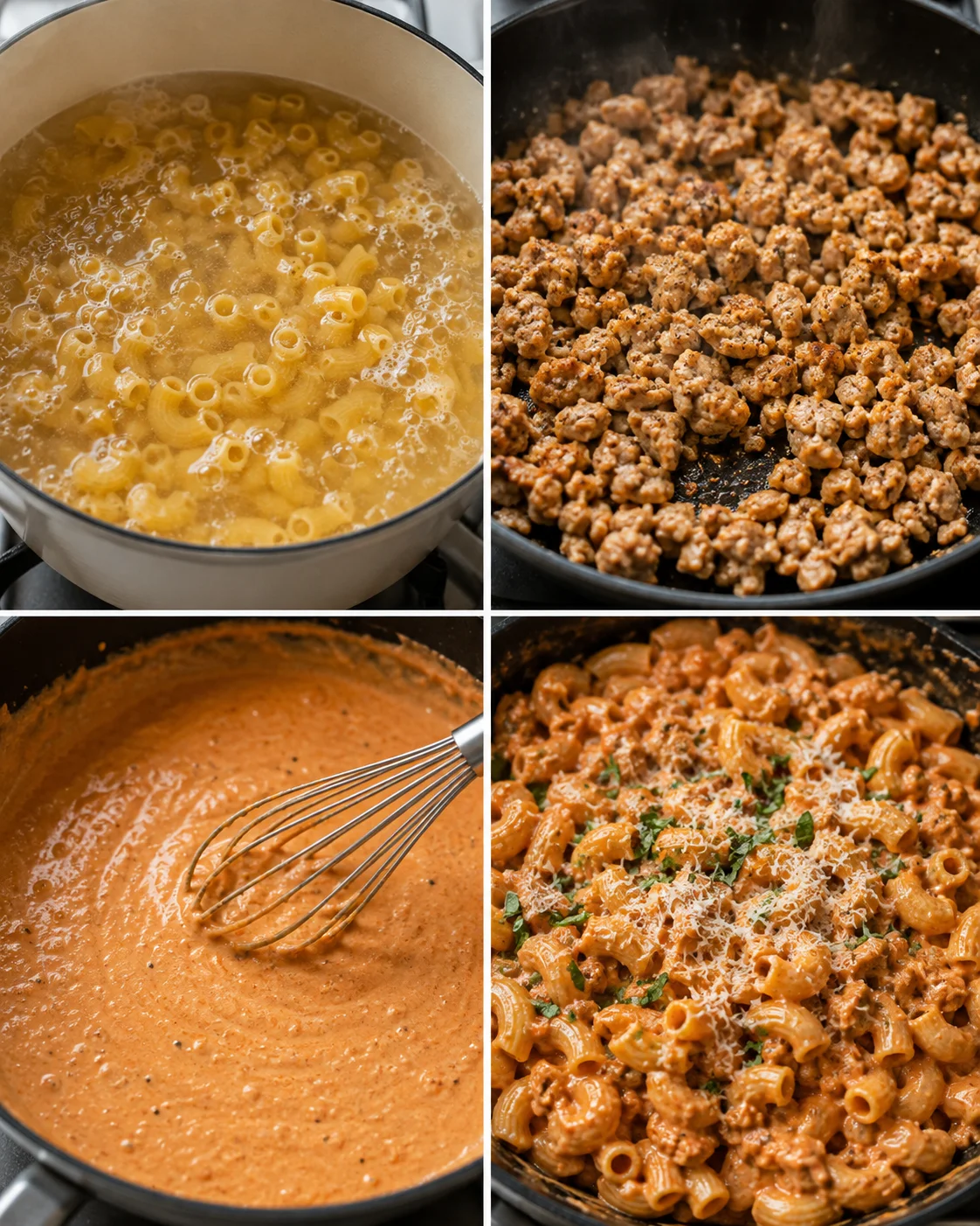 Step-by-step images of pasta cooking, ground meat, sauce blending, and final dish.