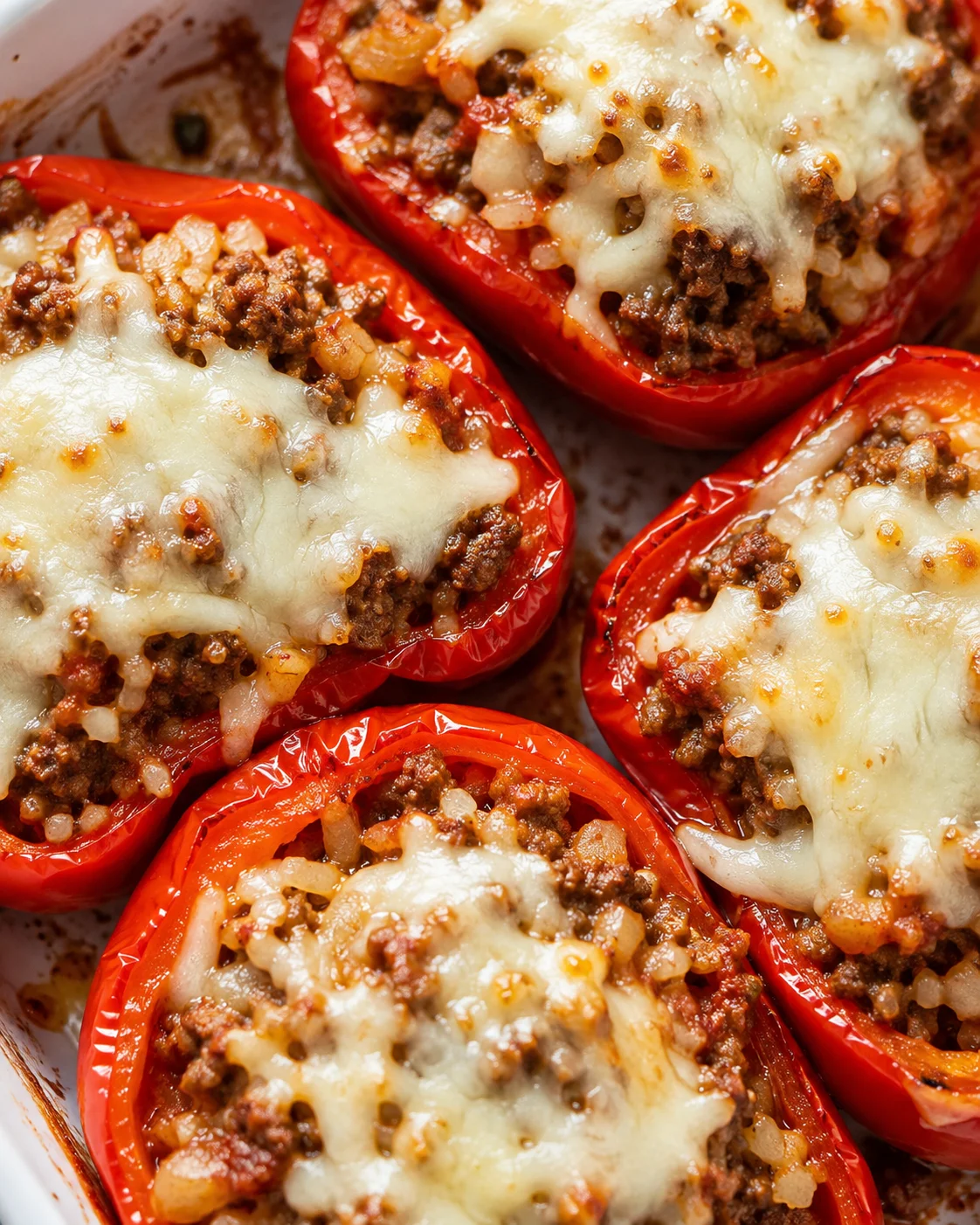 Baked red bell peppers stuffed with seasoned ground beef and melted cheese.