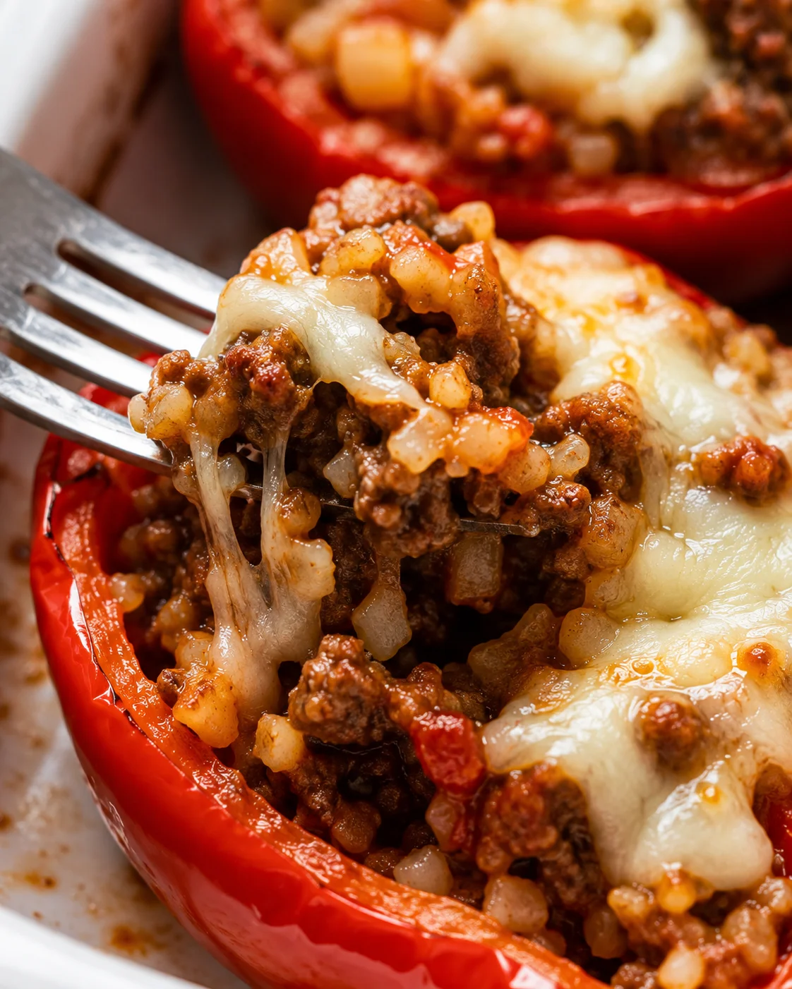 Bright red bell peppers stuffed with savory meat and cauliflower rice, topped with melted cheese.