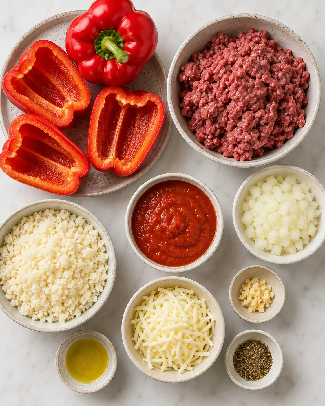 Vibrant red bell peppers filled with savory ground beef and cauliflower rice, topped with cheese.