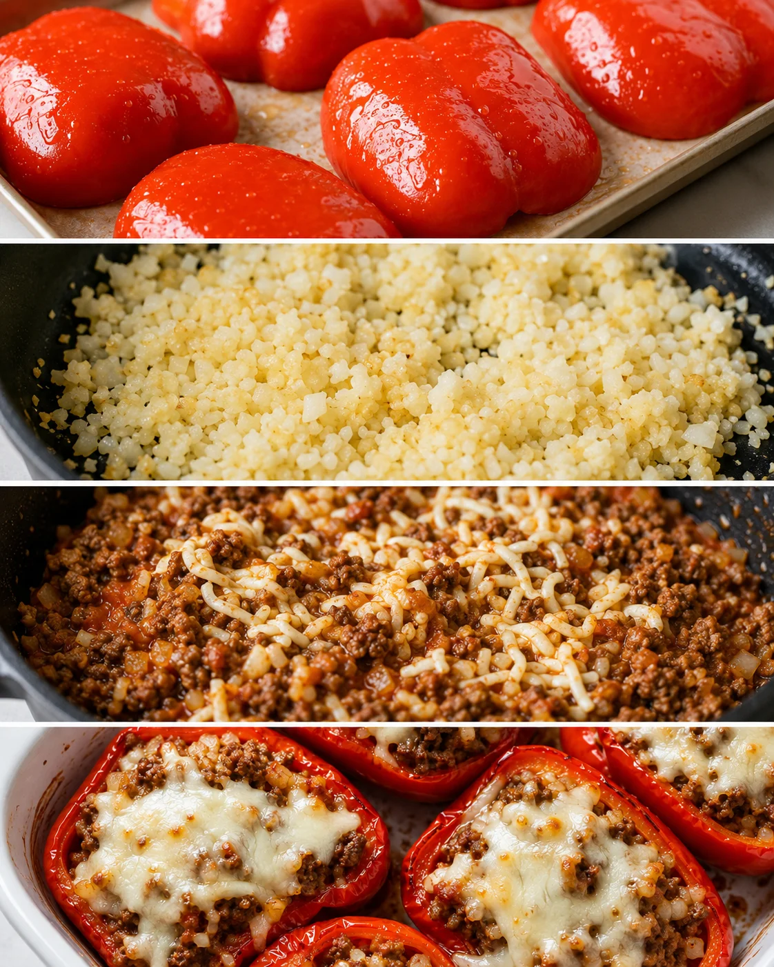 Colorful red bell peppers filled with savory keto-friendly beef and cauliflower rice.