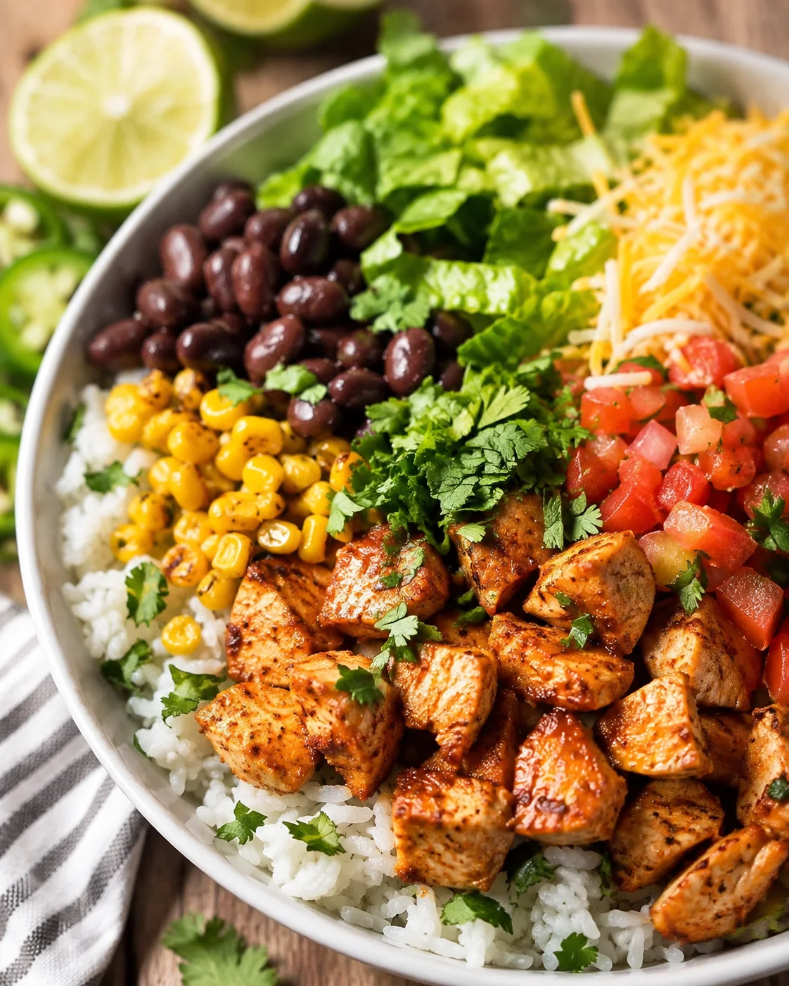 Colorful chicken burrito bowl with rice, beans, vegetables, and fresh toppings.