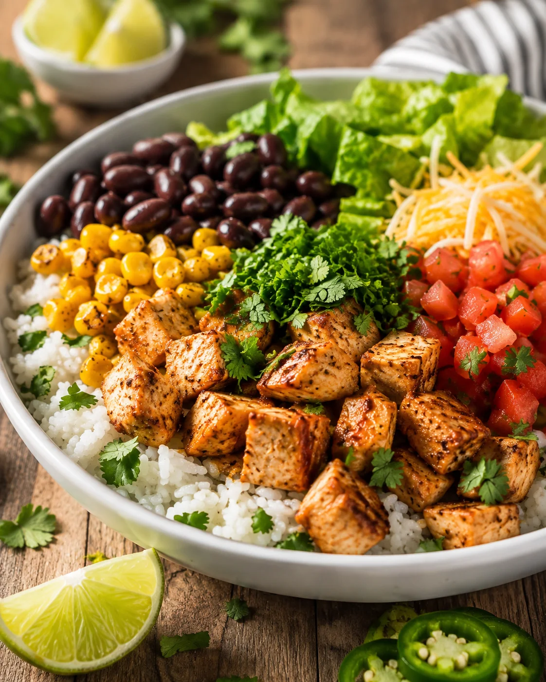 Colorful chicken burrito bowl with fresh toppings and rice on a wooden table.