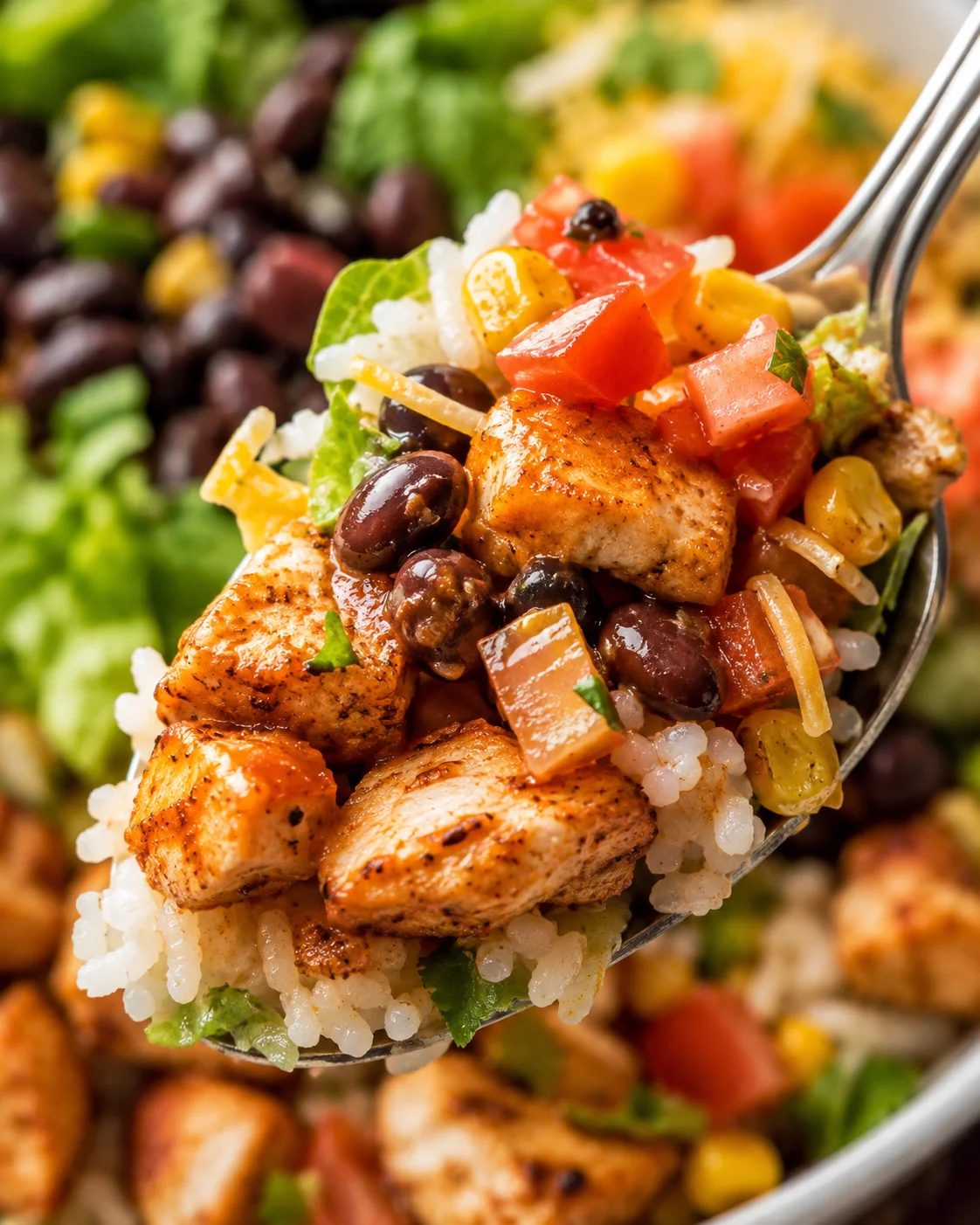Colorful chicken burrito bowl with fresh toppings and rice on a spoon